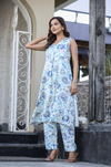 White & Blue Digital Print Coord Set in Gazzi Silk