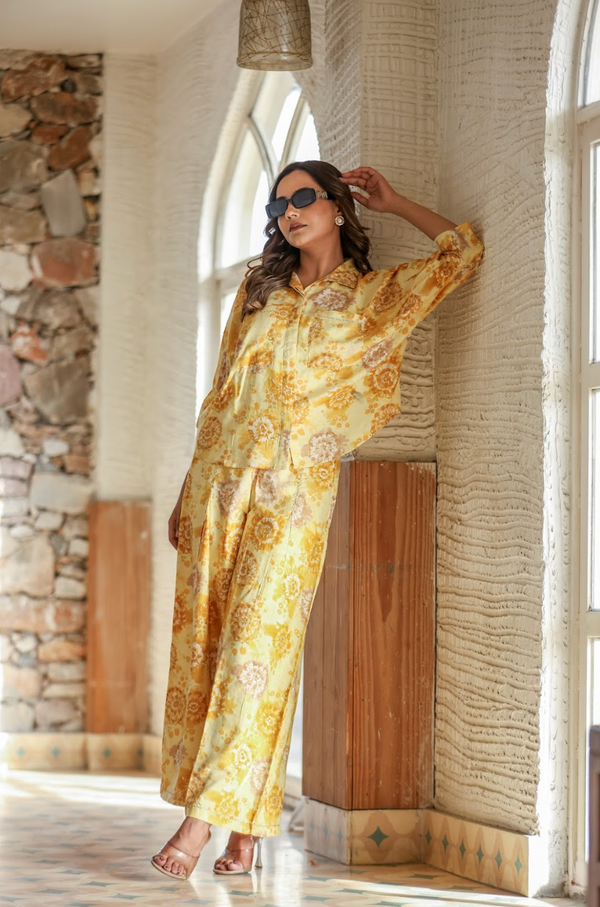 Yellow Printed Rayon 2-Piece Suit Set with Foil Accents