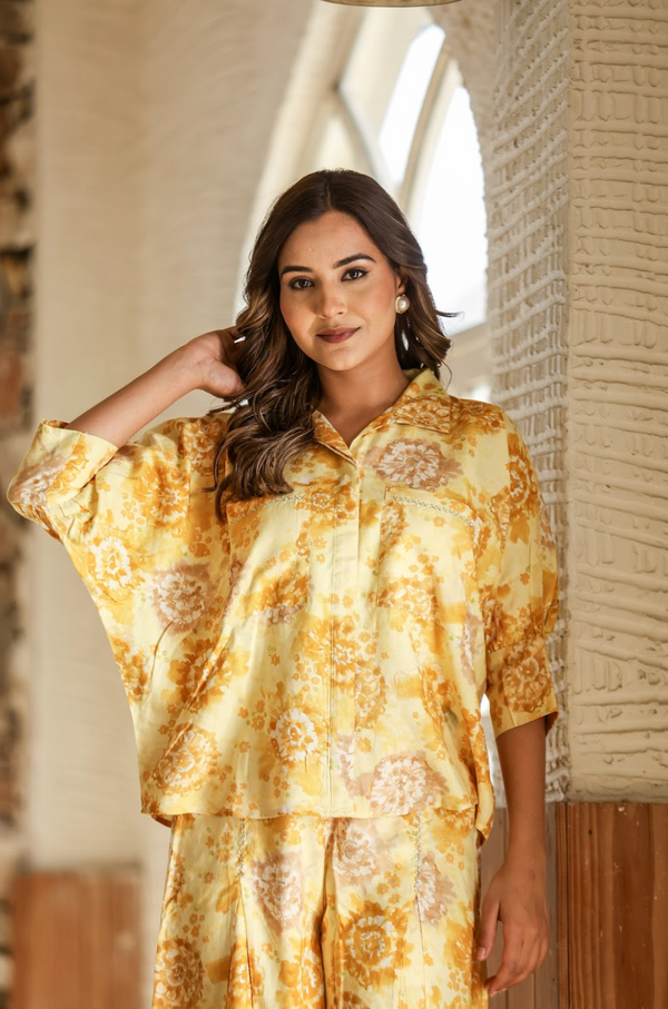 Yellow Printed Rayon 2-Piece Suit Set with Foil Accents