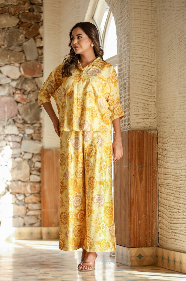 Yellow Printed Rayon 2-Piece Suit Set with Foil Accents