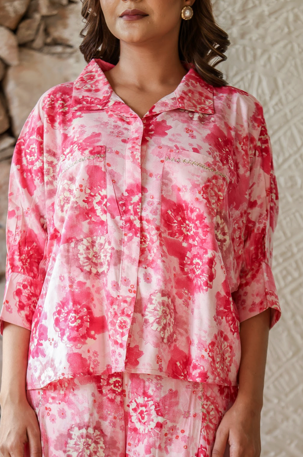 Bubble Pink Embroidered Pocket Coord Set in Rayon