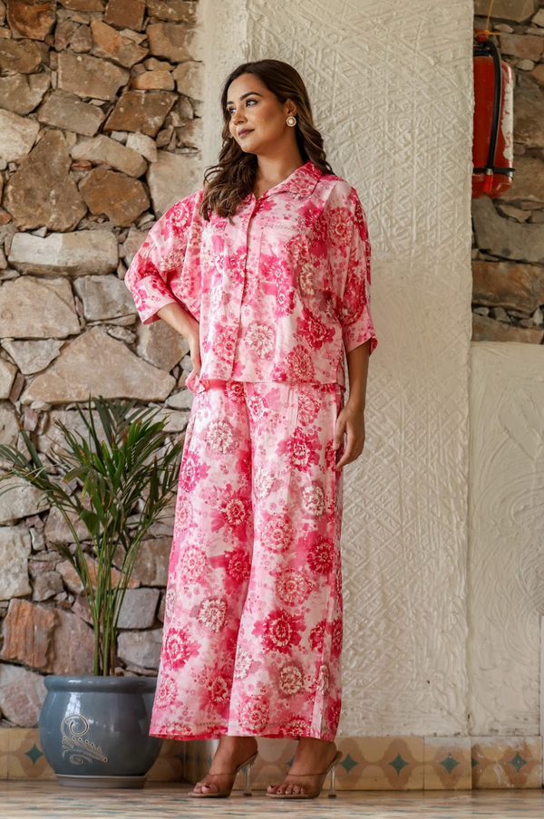 Bubble Pink Embroidered Pocket Coord Set in Rayon
