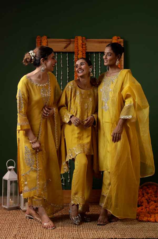 Chinon Silk Gota Patti Embroidered Kurta Set with Organza Dupatta