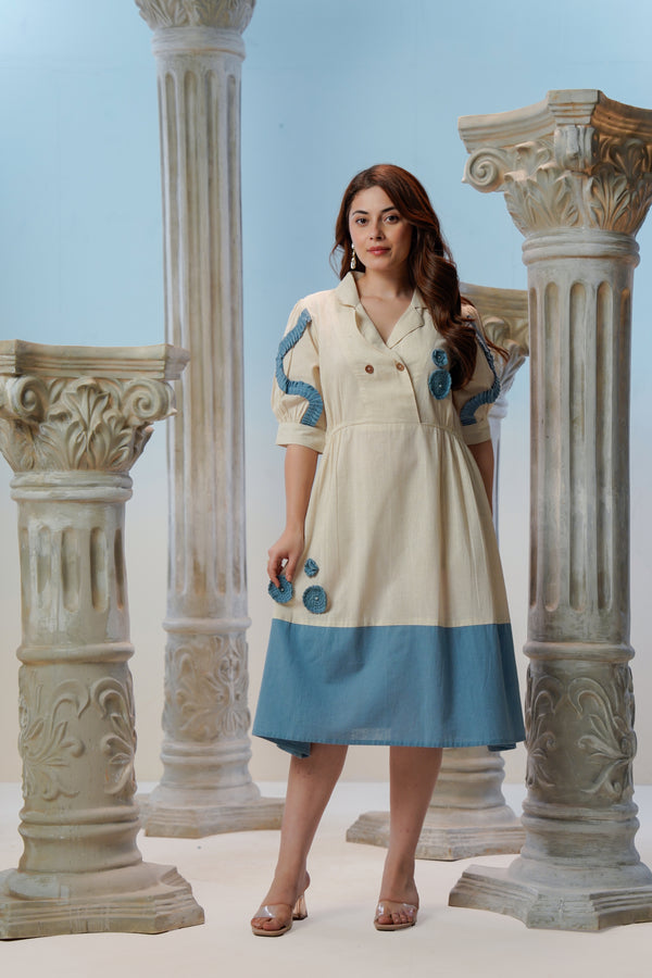Ivory Blue Cotton Flex Midi Dress