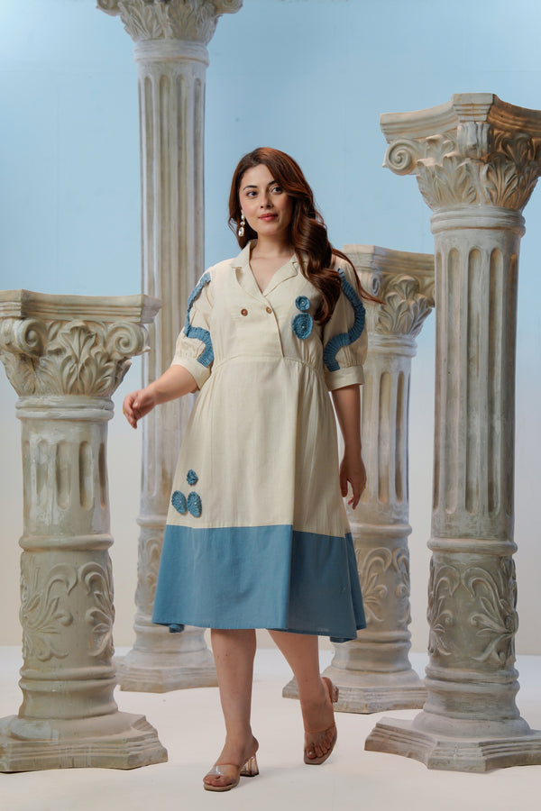 Ivory Blue Cotton Flex Midi Dress