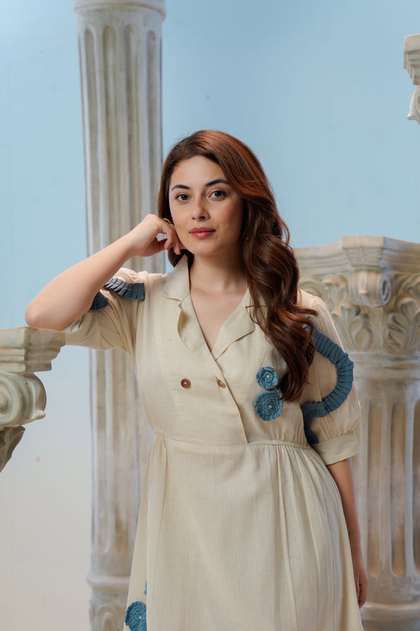 Ivory Blue Cotton Flex Midi Dress