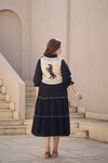 Navy Tiered Dress with Horse Motif Embroidered Vest
