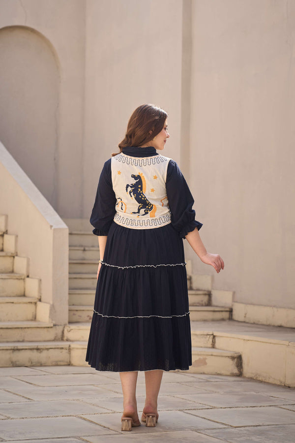 Navy Tiered Dress with Horse Motif Embroidered Vest