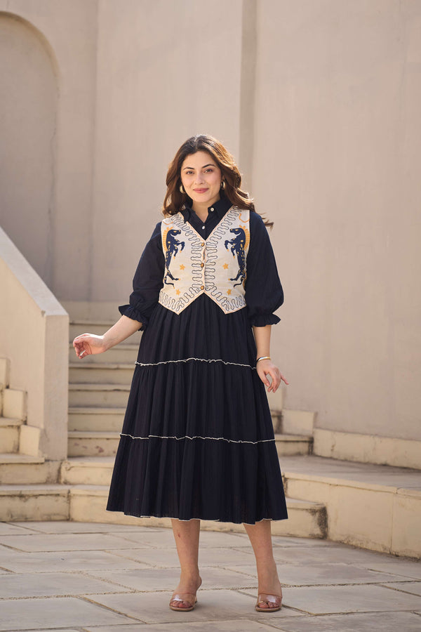 Navy Tiered Dress with Horse Motif Embroidered Vest