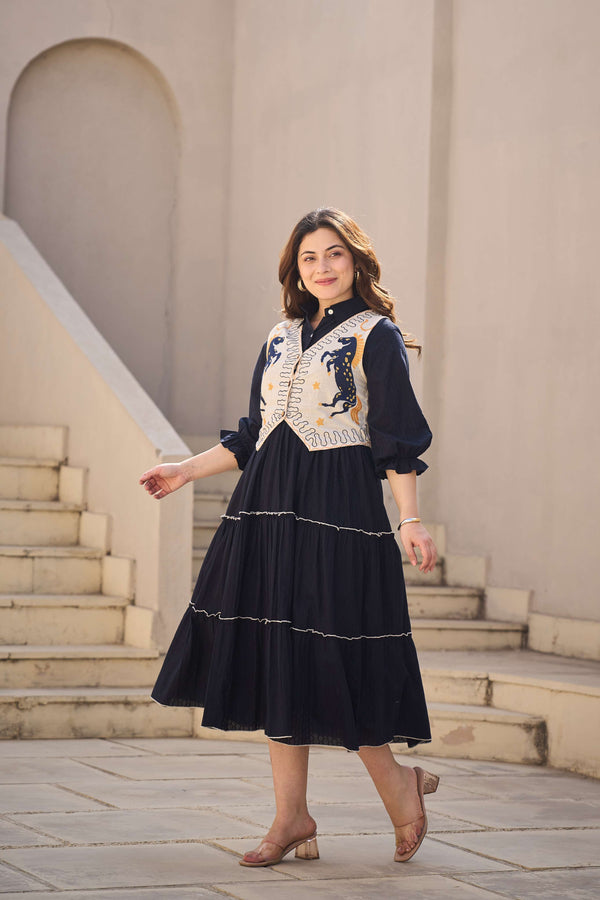Navy Tiered Dress with Horse Motif Embroidered Vest