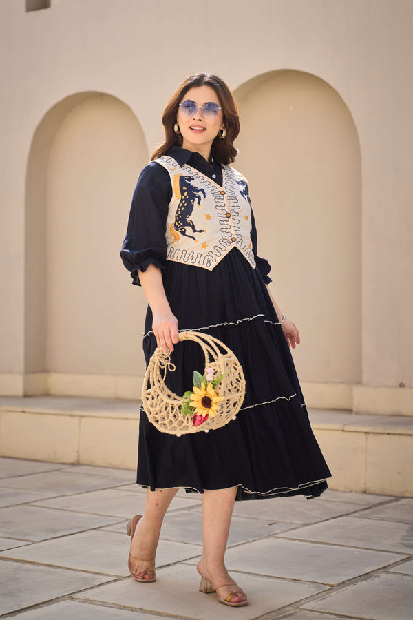 Navy Tiered Dress with Horse Motif Embroidered Vest