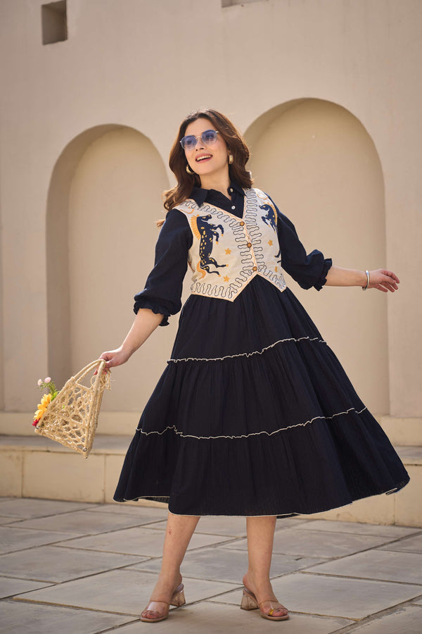 Navy Tiered Dress with Horse Motif Embroidered Vest