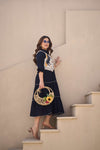 Navy Tiered Dress with Horse Motif Embroidered Vest