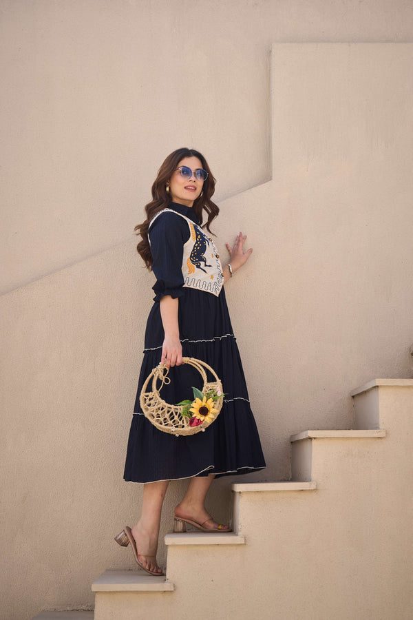 Navy Tiered Dress with Horse Motif Embroidered Vest