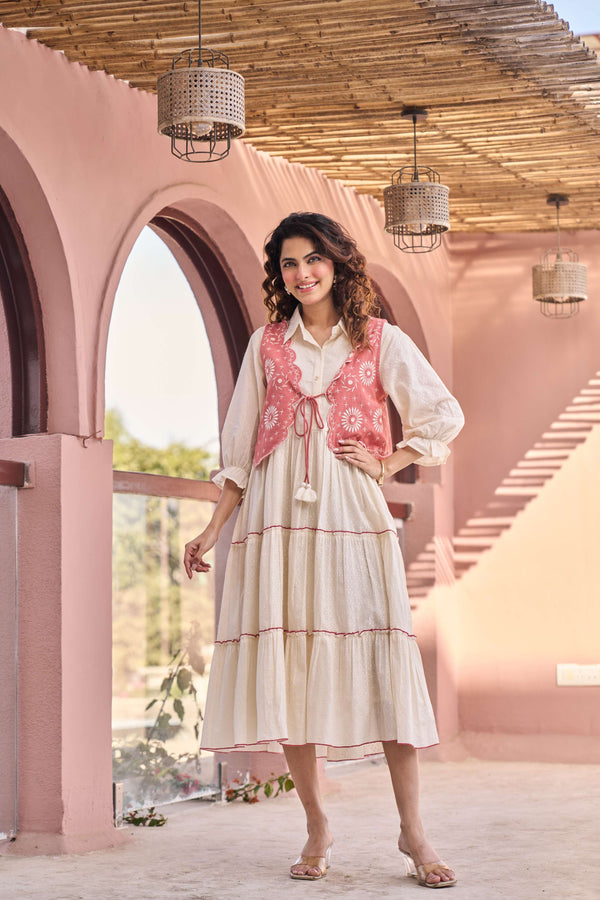 Pink Embroidered Jacket Layered Tiered Dress