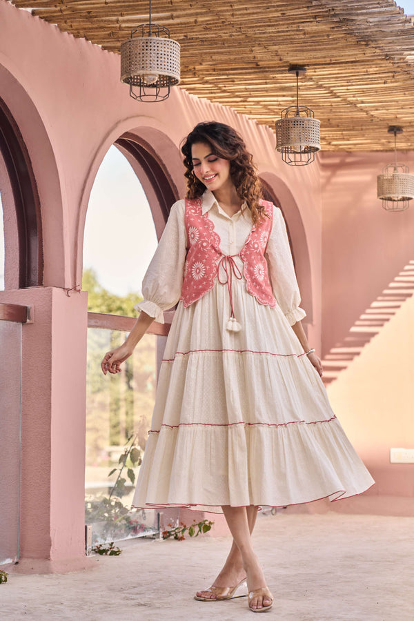 Pink Embroidered Jacket Layered Tiered Dress