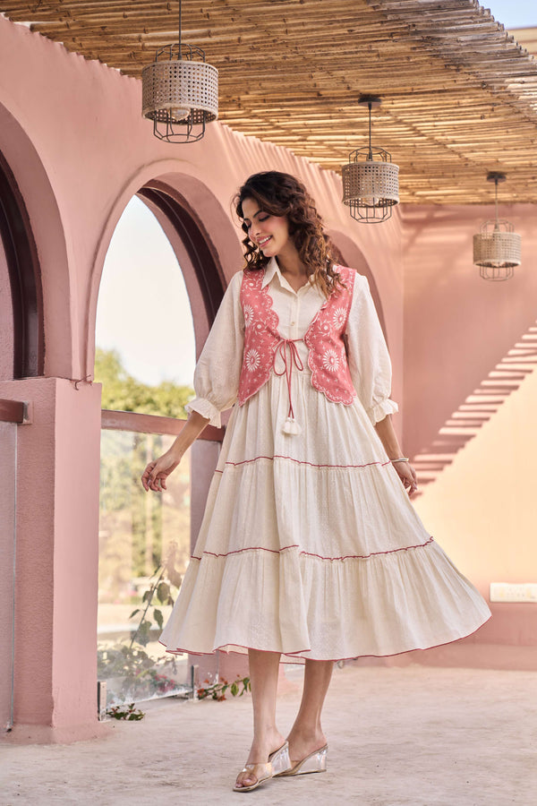 Pink Embroidered Jacket Layered Tiered Dress