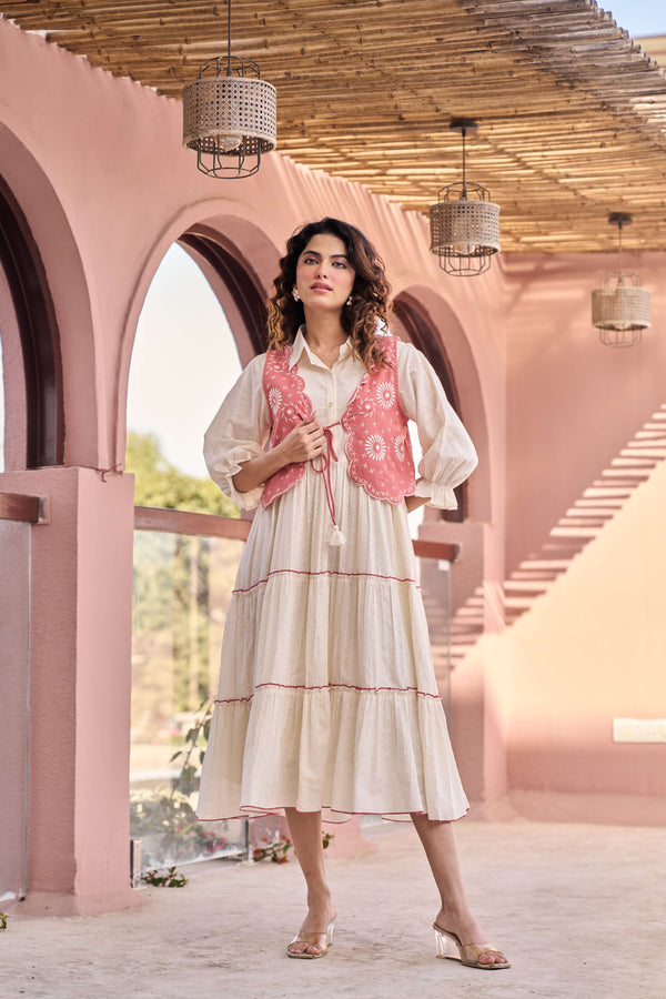 Pink Embroidered Jacket Layered Tiered Dress
