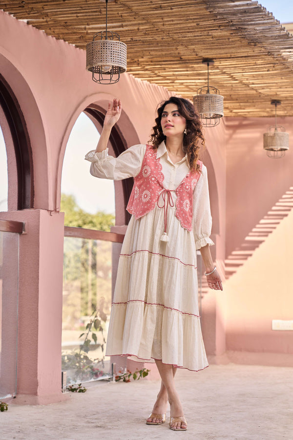 Pink Embroidered Jacket Layered Tiered Dress