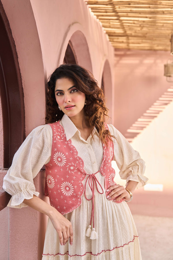 Pink Embroidered Jacket Layered Tiered Dress