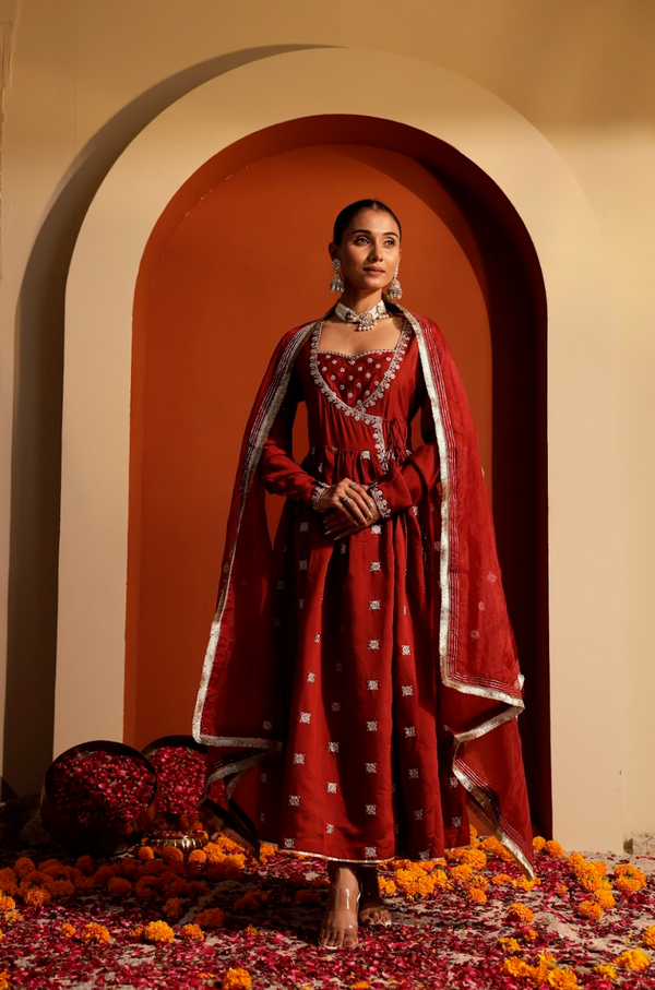Embroidered Roman Silk Angrakha Set with Organza Dupatta
