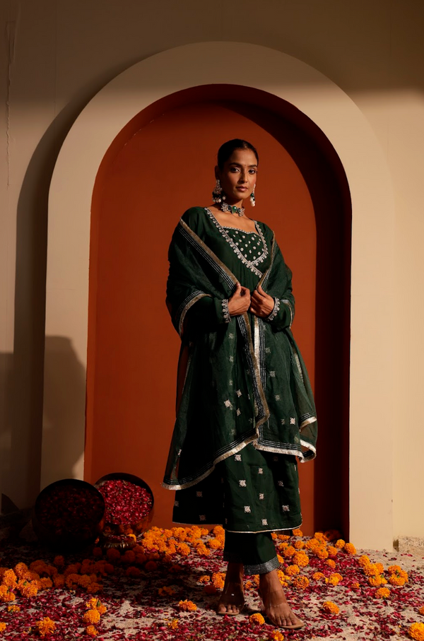 Embroidered Roman Silk Angrakha Set with Organza Dupatta