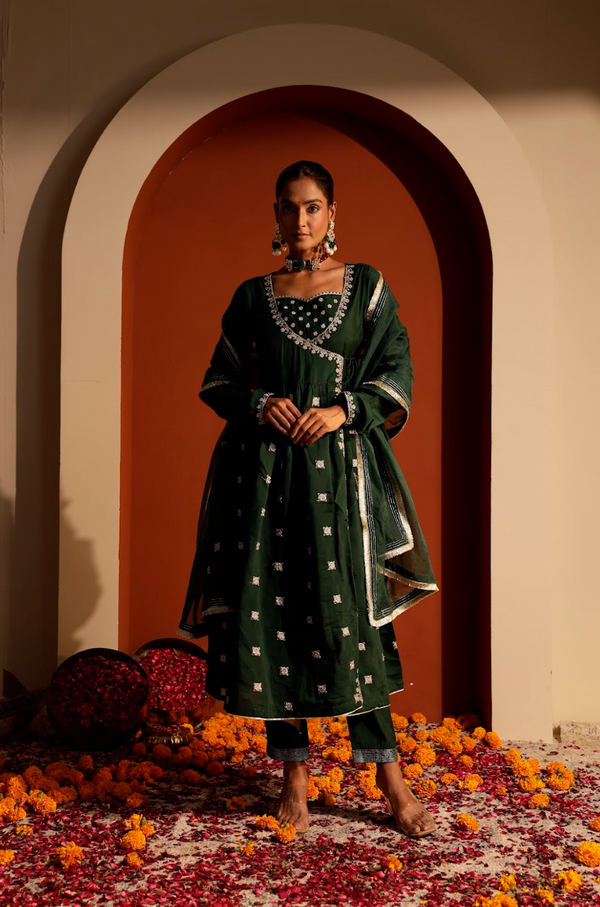 Embroidered Roman Silk Angrakha Set with Organza Dupatta