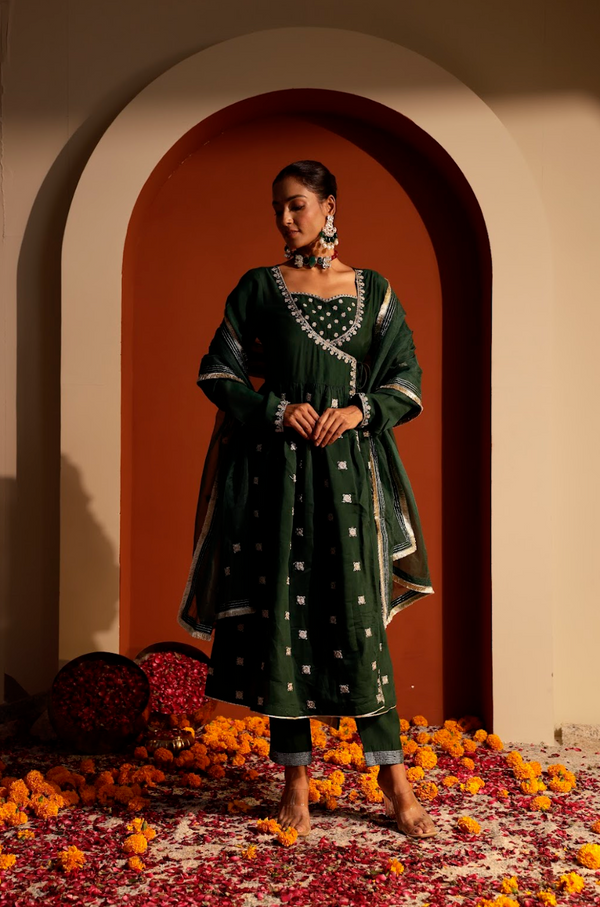 Embroidered Roman Silk Angrakha Set with Organza Dupatta