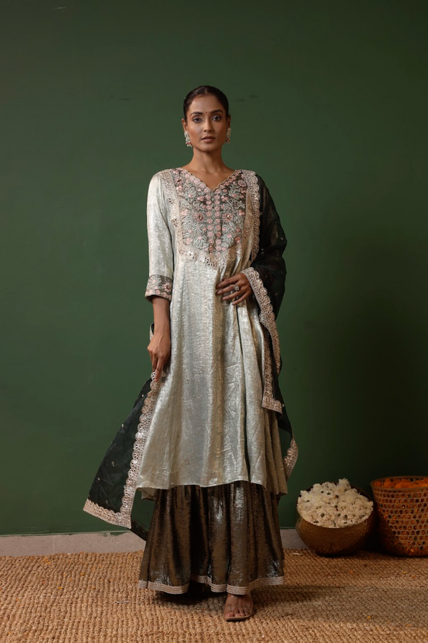 Embroidered Silk-Blend Sharara Kurta Set with Organza Dupatta