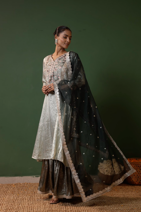 Embroidered Silk-Blend Sharara Kurta Set with Organza Dupatta