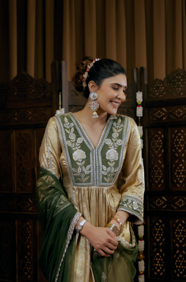 Gold-Foil Nylon Viscose A-Line Kurta & Pants 3-Piece Set