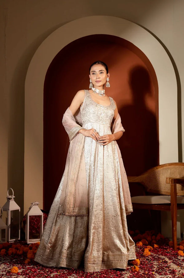 Hand-Embroidered Floor-Length Gown with Embellished Dupatta
