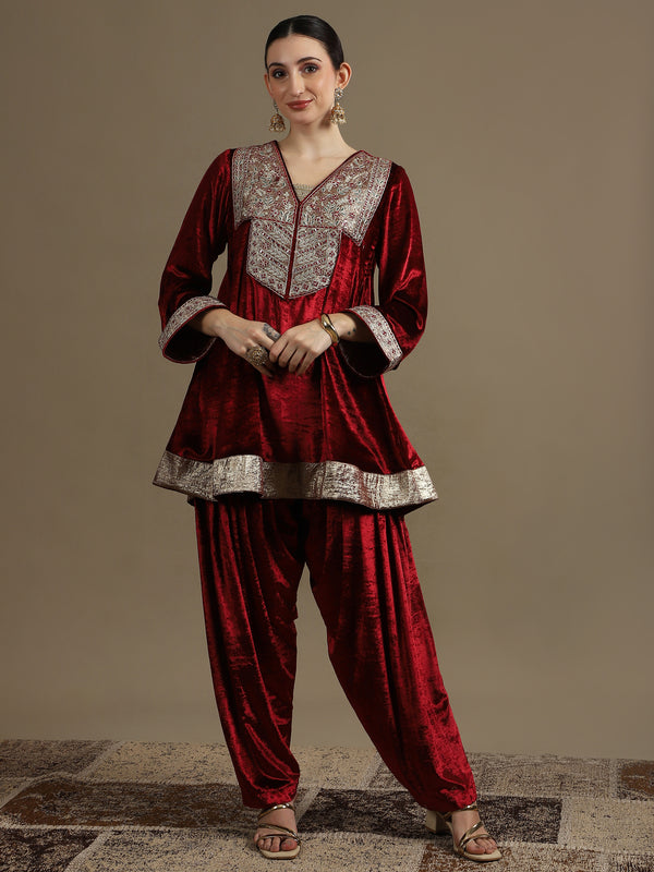 Choga Style Mehroon Farshi Salwaar Set with Dupatta