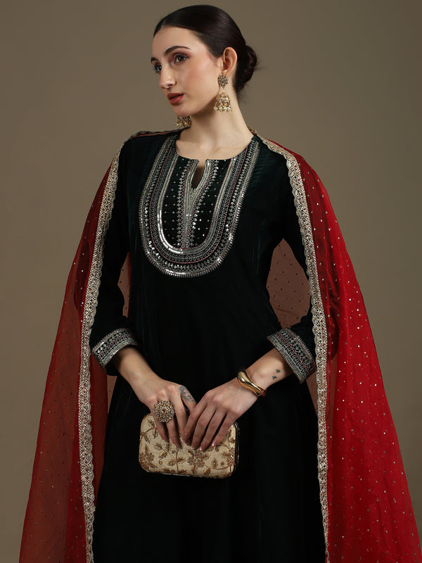 A-Line Bottle Green Micro Velvet Anarkali Set with Dupatta