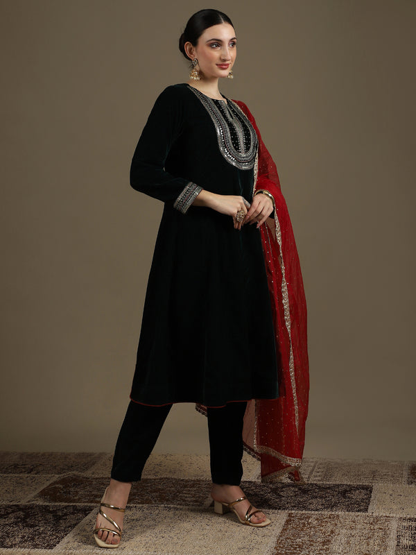 A-Line Bottle Green Micro Velvet Anarkali Set with Dupatta