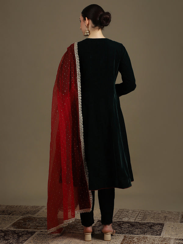 A-Line Bottle Green Micro Velvet Anarkali Set with Dupatta