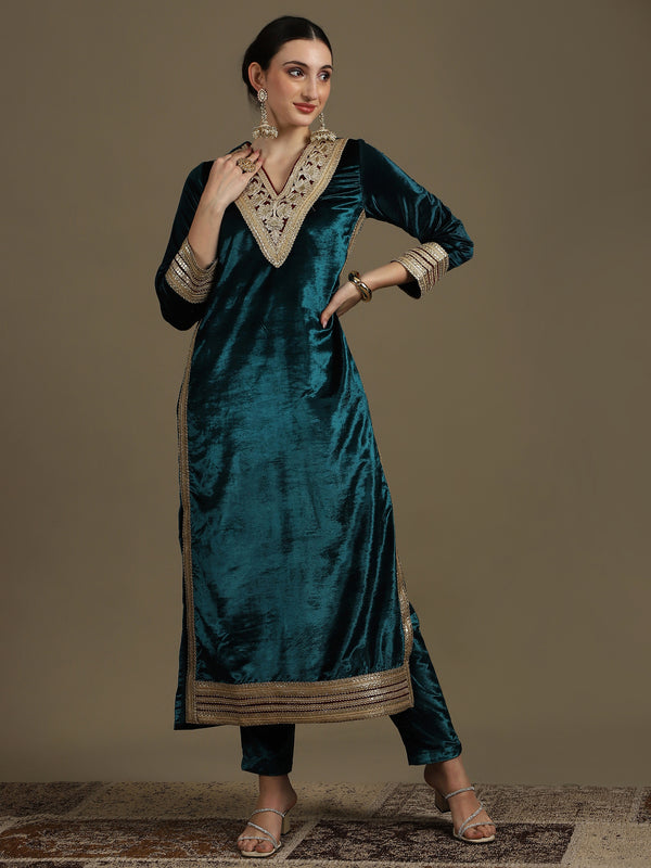 Long Straight Rama Green Velvet Kurti Set (Kaftan Fit)