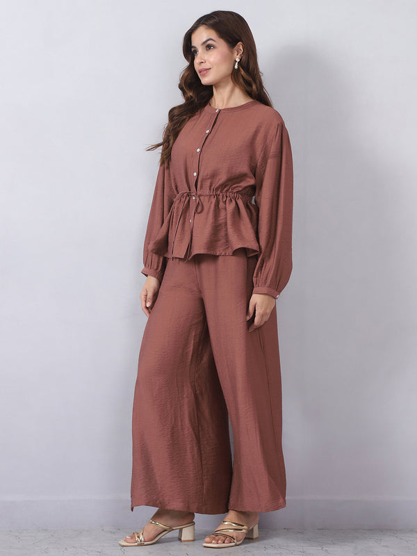 Brown Cord Set with String Detail and Side Slits