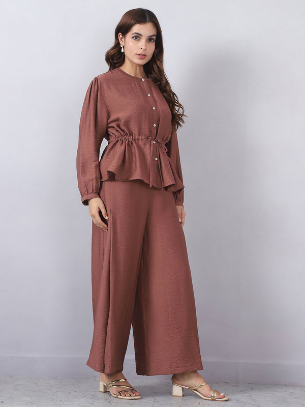 Brown Cord Set with String Detail and Side Slits