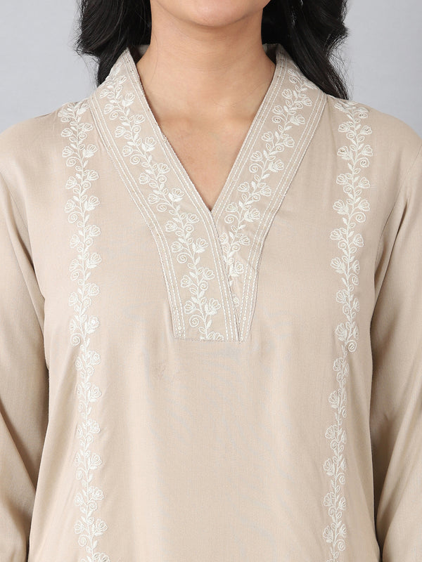 Pastel Grey Overlap V-Neck Embroidered Rayon Kurti