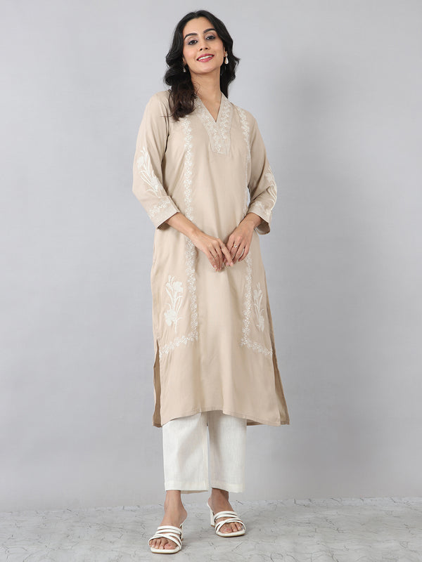 Pastel Grey Overlap V-Neck Embroidered Rayon Kurti