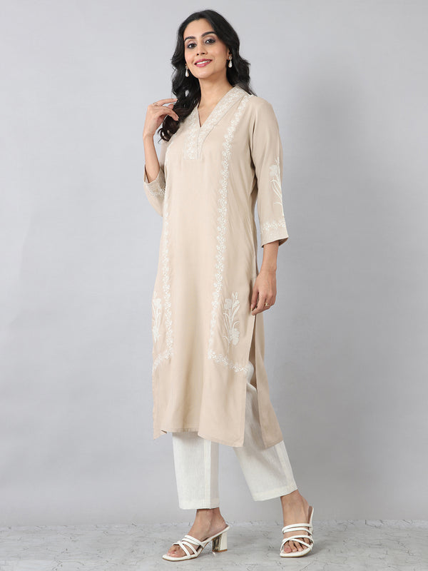 Pastel Grey Overlap V-Neck Embroidered Rayon Kurti