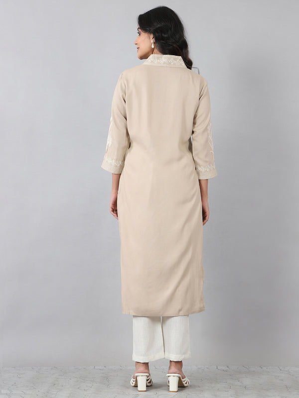 Pastel Grey Overlap V-Neck Embroidered Rayon Kurti
