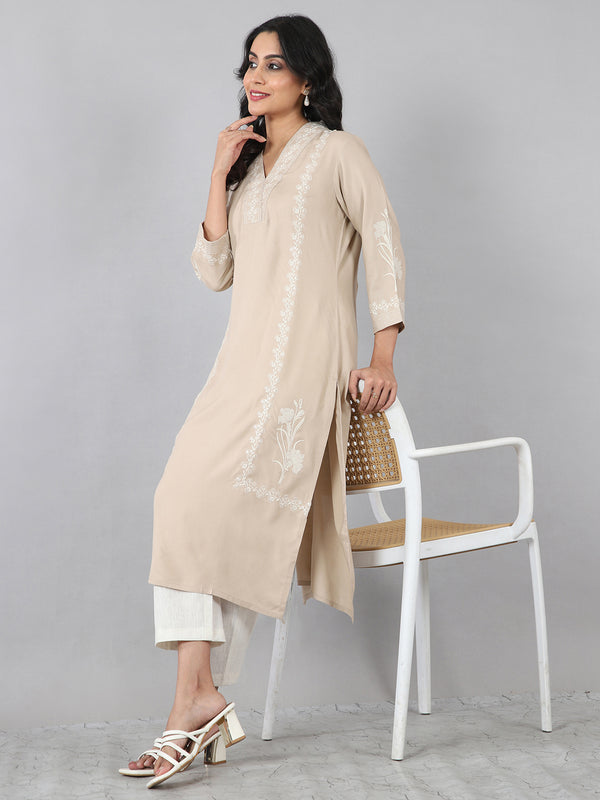 Pastel Grey Overlap V-Neck Embroidered Rayon Kurti