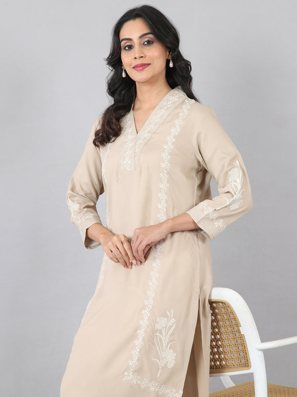 Pastel Grey Overlap V-Neck Embroidered Rayon Kurti