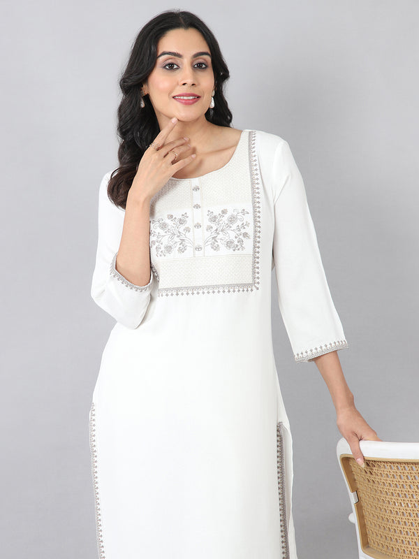 Off White Heritage Embroidered Rayon Kurti