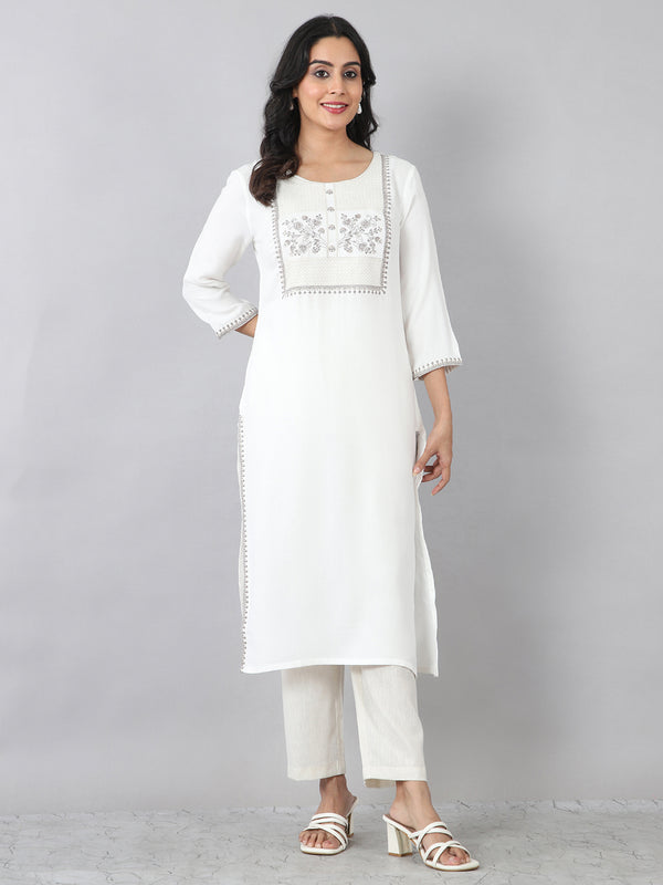 Off White Heritage Embroidered Rayon Kurti
