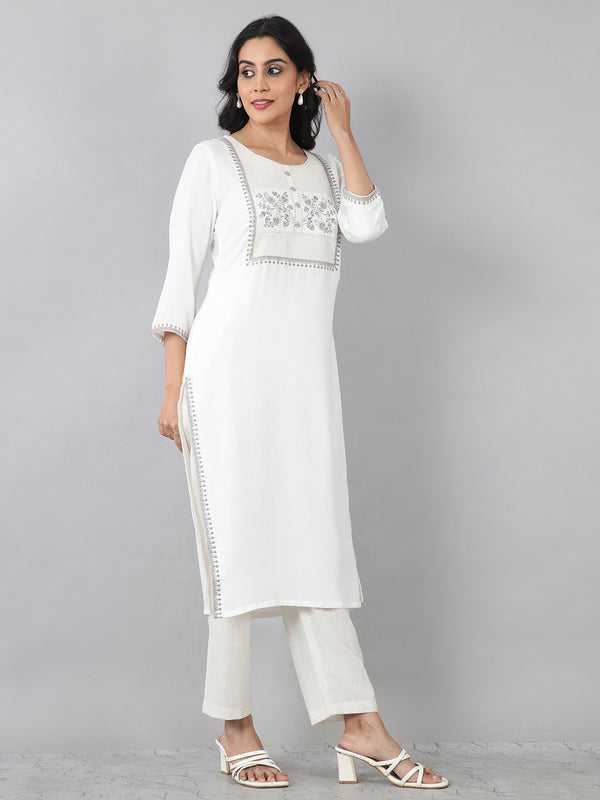 Off White Heritage Embroidered Rayon Kurti