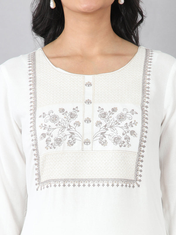 Off White Heritage Embroidered Rayon Kurti