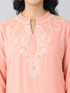 Peach Flat Band Neck Embroidered Rayon Kurti